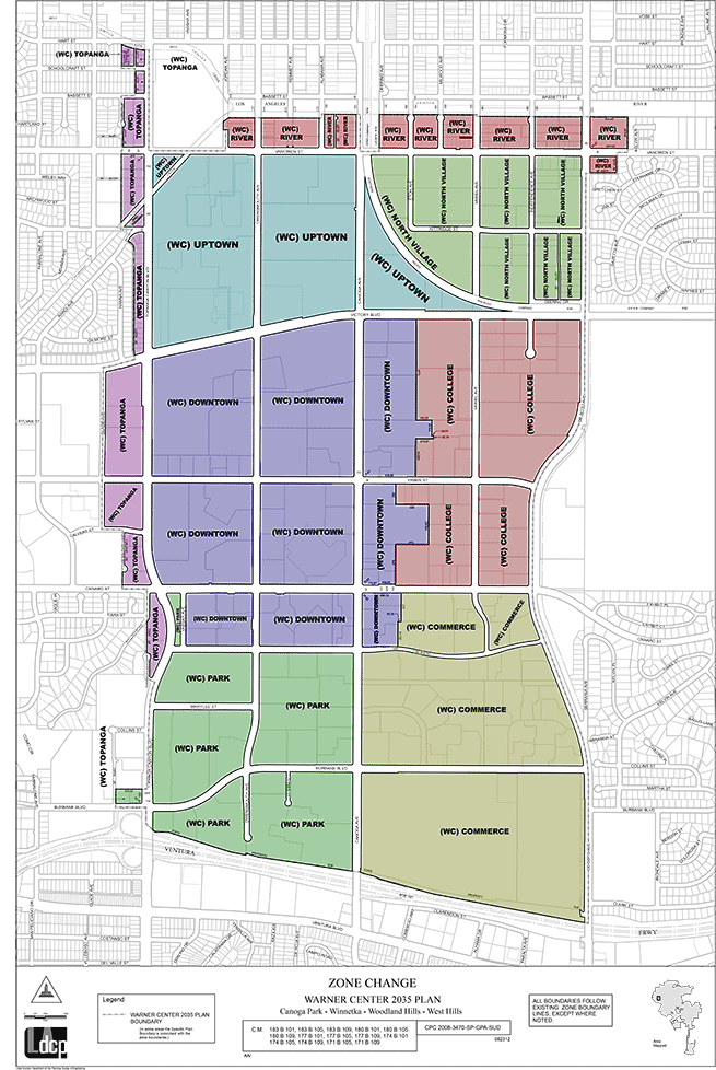 Warner Center 2035 districts from the official master plan. Color added by author. 